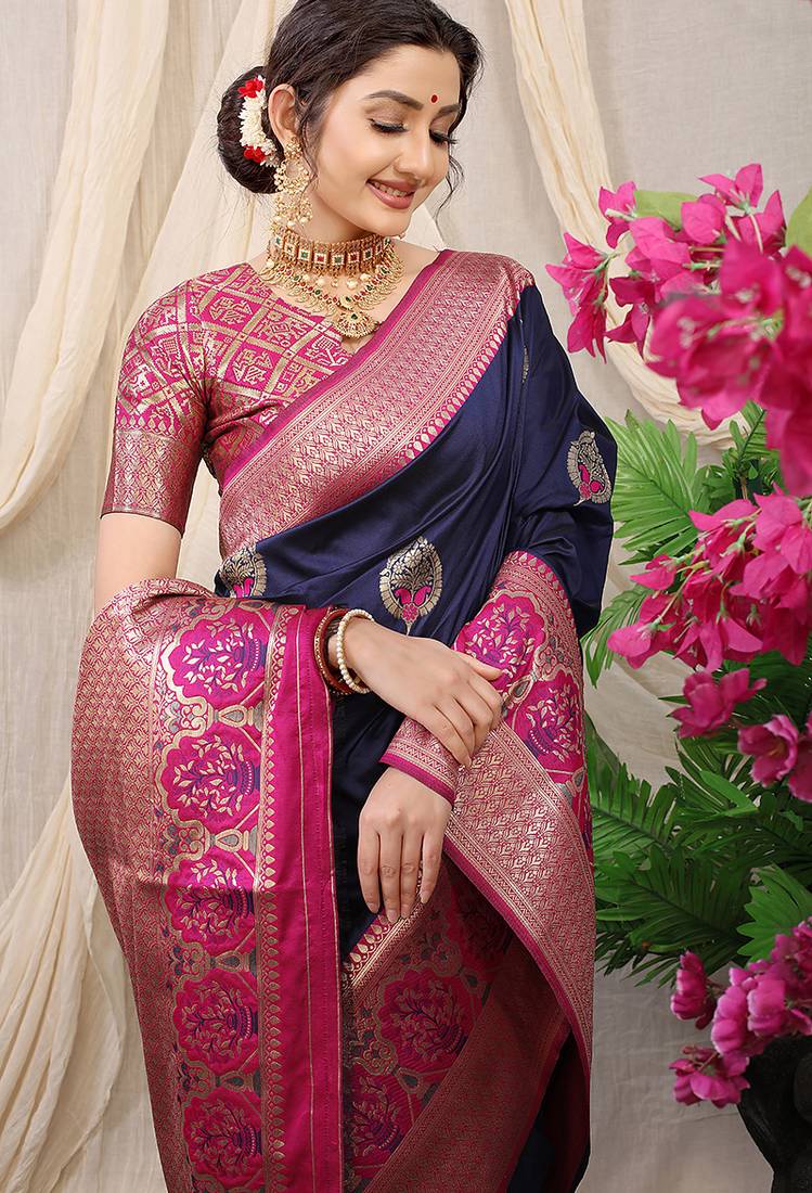 Navy blue banarasi silk blend saree with magenta pink zari border & brocade blouse