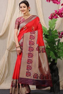 Red banarasi silk blend saree with purple zari border & brocade blouse 1