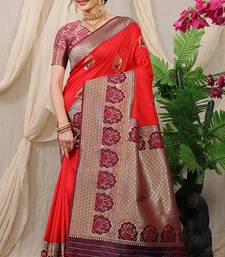 Red banarasi silk blend saree with purple zari border & brocade blouse