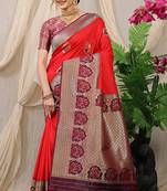 Red banarasi silk blend saree with purple zari border & brocade blouse