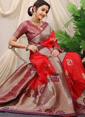 Red banarasi silk blend saree with purple zari border & brocade blouse 2