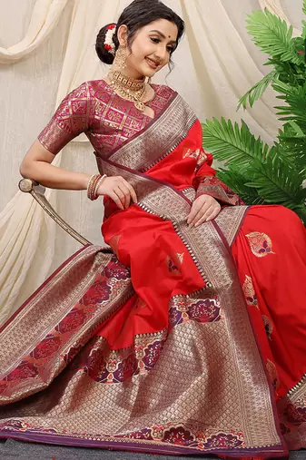 Red banarasi silk blend saree with purple zari border & brocade blouse