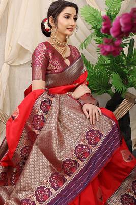 Red banarasi silk blend saree with purple zari border & brocade blouse 3