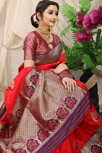 Red banarasi silk blend saree with purple zari border & brocade blouse