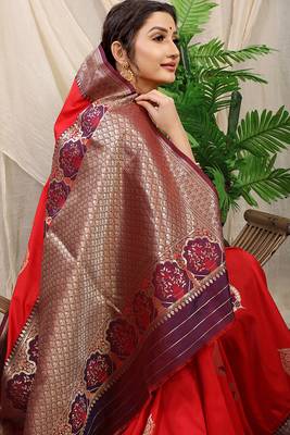 Red banarasi silk blend saree with purple zari border & brocade blouse 4