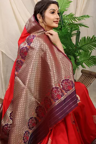 Red banarasi silk blend saree with purple zari border & brocade blouse