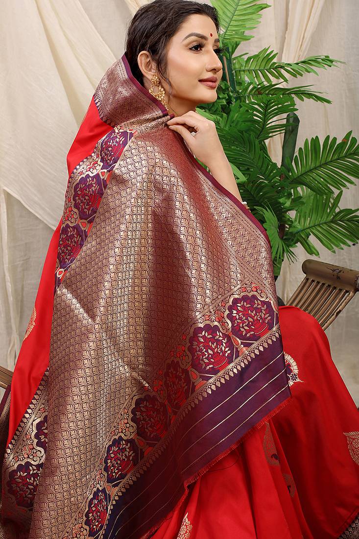 Red banarasi silk blend saree with purple zari border & brocade blouse