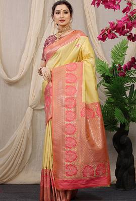 Light yellow banarasi silk blend saree with pink zari border & brocade blouse 1