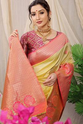 Light yellow banarasi silk blend saree with pink zari border & brocade blouse 3