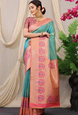 Sea green banarasi silk blend saree with pink zari border & brocade blouse 1