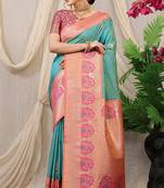 Sea green banarasi silk blend saree with pink zari border & brocade blouse