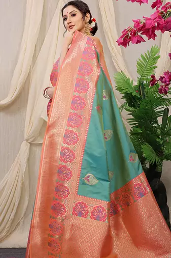 Sea green banarasi silk blend saree with pink zari border & brocade blouse