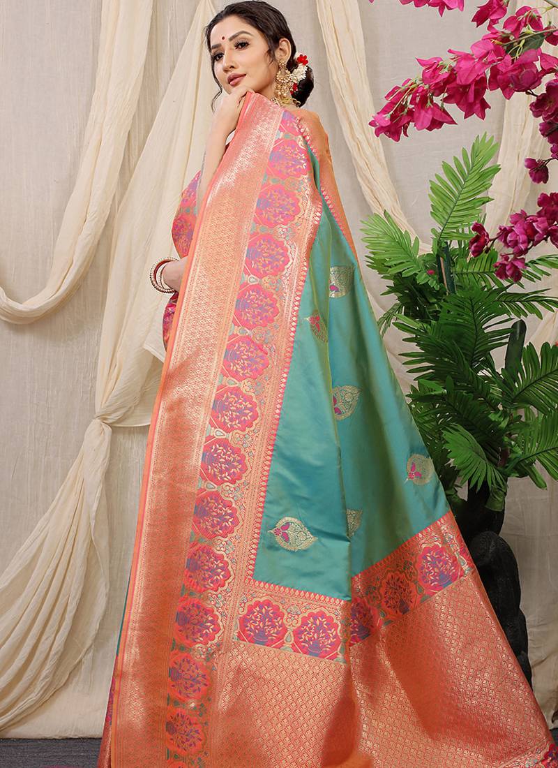 Sea green banarasi silk blend saree with pink zari border & brocade blouse