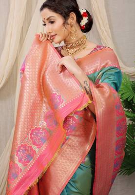 Sea green banarasi silk blend saree with pink zari border & brocade blouse 3