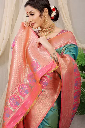 Sea green banarasi silk blend saree with pink zari border & brocade blouse
