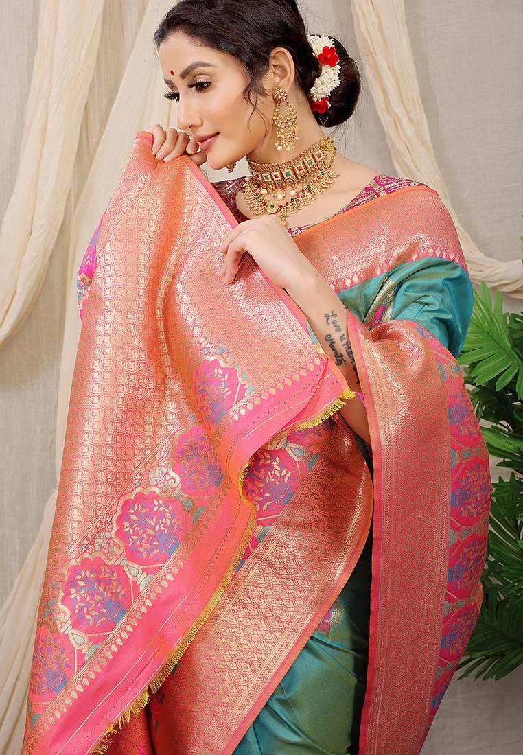 Sea green banarasi silk blend saree with pink zari border & brocade blouse