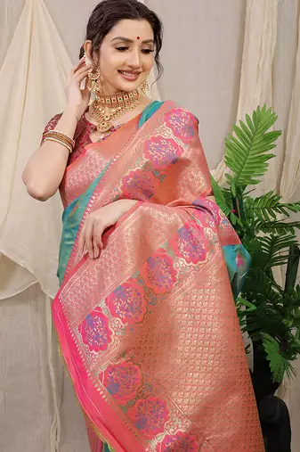 Sea green banarasi silk blend saree with pink zari border & brocade blouse