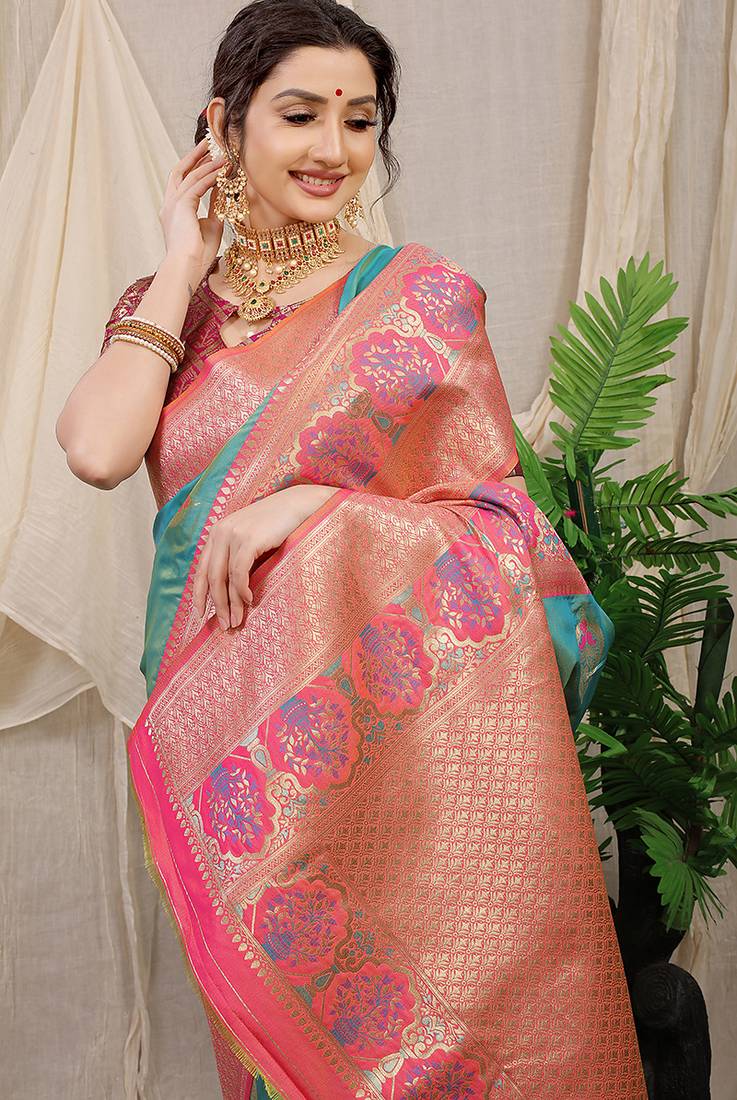 Sea green banarasi silk blend saree with pink zari border & brocade blouse