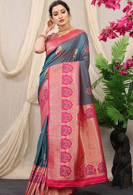 Slate grey banarasi silk blend saree with magenta pink zari border & brocade blouse 1