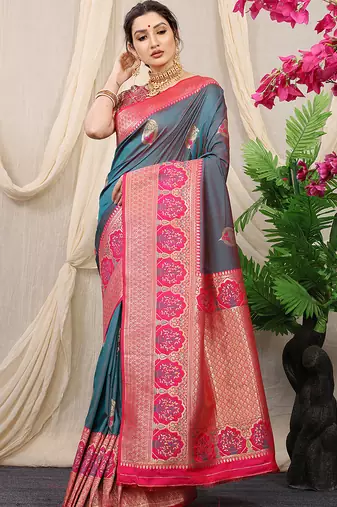 Slate grey banarasi silk blend saree with magenta pink zari border & brocade blouse