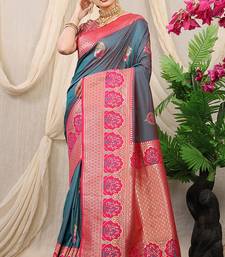 Slate grey banarasi silk blend saree with magenta pink zari border & brocade blouse