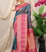 Slate grey banarasi silk blend saree with magenta pink zari border & brocade blouse