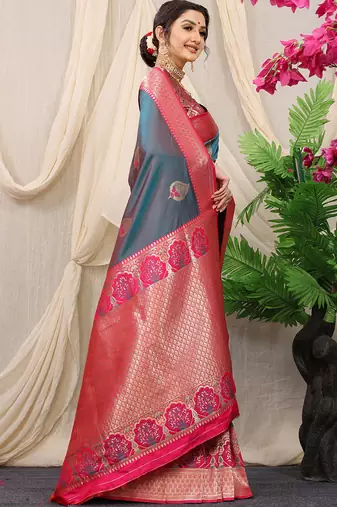 Slate grey banarasi silk blend saree with magenta pink zari border & brocade blouse