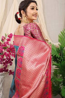Slate grey banarasi silk blend saree with magenta pink zari border & brocade blouse 3