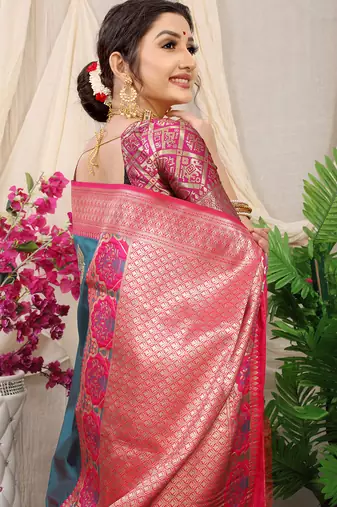 Slate grey banarasi silk blend saree with magenta pink zari border & brocade blouse