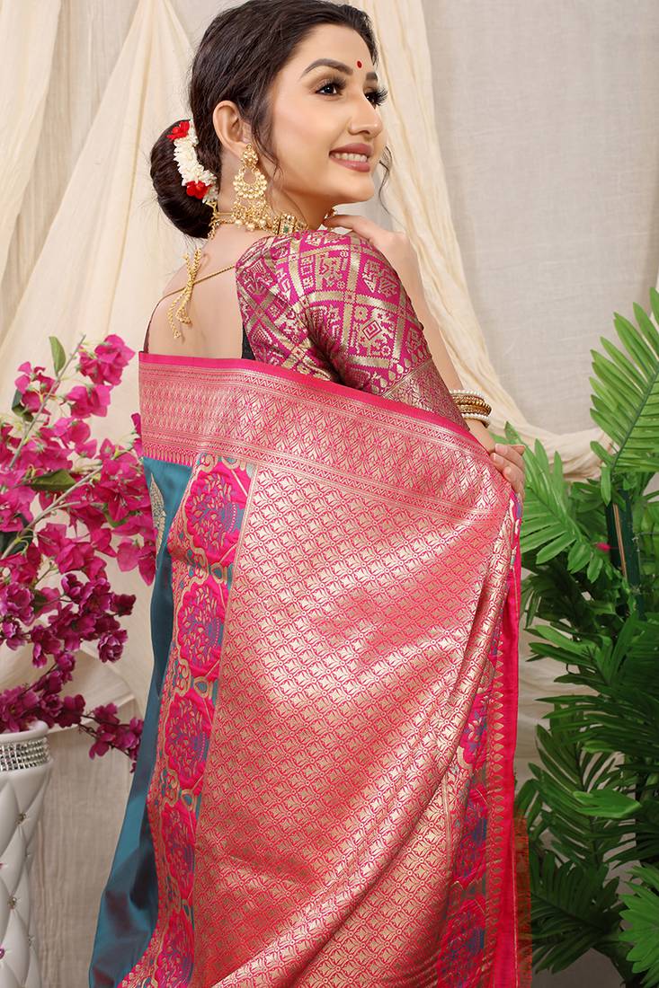 Slate grey banarasi silk blend saree with magenta pink zari border & brocade blouse