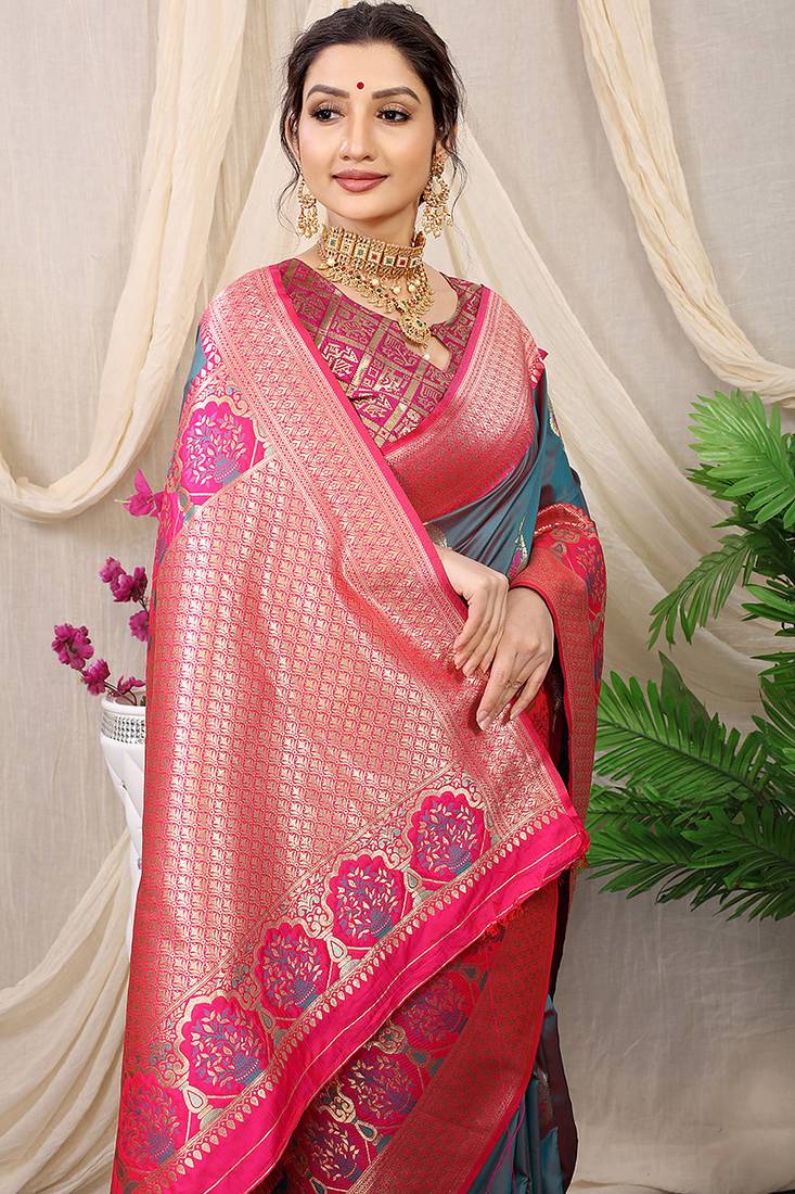 Slate grey banarasi silk blend saree with magenta pink zari border & brocade blouse