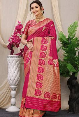 Rani pink banarasi silk blend saree with pink zari border & brocade blouse 1