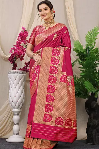 Rani pink banarasi silk blend saree with pink zari border & brocade blouse