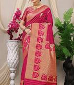 Rani pink banarasi silk blend saree with pink zari border & brocade blouse