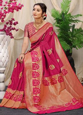 Rani pink banarasi silk blend saree with pink zari border & brocade blouse 2