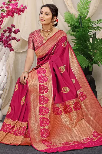 Rani pink banarasi silk blend saree with pink zari border & brocade blouse