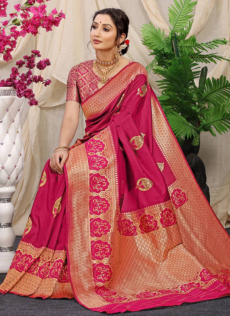 Rani pink banarasi silk blend saree with pink zari border & brocade blouse