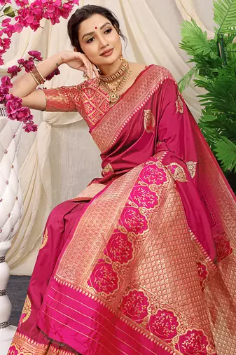 Rani pink banarasi silk blend saree with pink zari border & brocade blouse