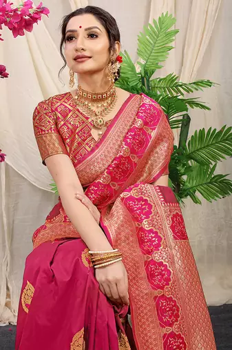 Rani pink banarasi silk blend saree with pink zari border & brocade blouse