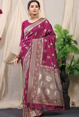 Wine banarasi silk blend saree with rich zari woven border 1