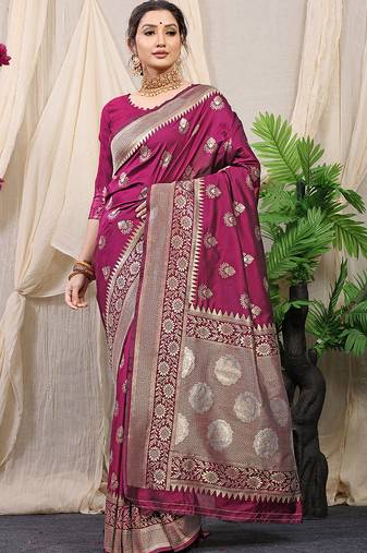 Wine banarasi silk blend saree with rich zari woven border