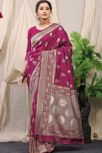 Wine banarasi silk blend saree with rich zari woven border