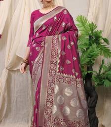 Wine banarasi silk blend saree with rich zari woven border