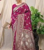 Wine banarasi silk blend saree with rich zari woven border