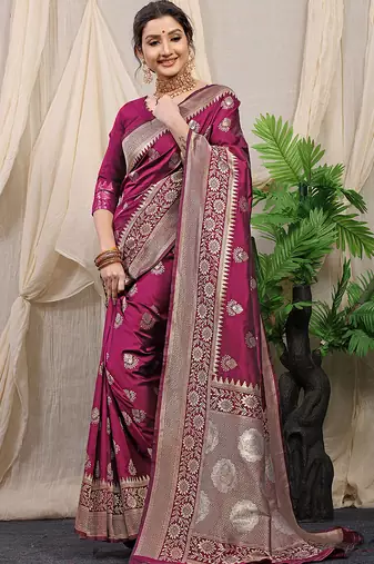 Wine banarasi silk blend saree with rich zari woven border