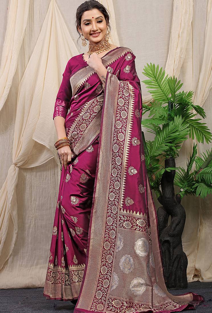 Wine banarasi silk blend saree with rich zari woven border