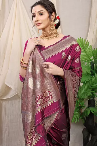 Wine banarasi silk blend saree with rich zari woven border