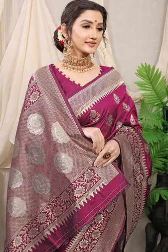 Wine banarasi silk blend saree with rich zari woven border