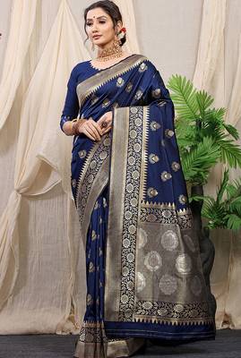 Navy blue banarasi silk blend saree with rich zari woven border 1