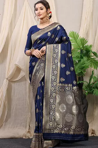 Navy blue banarasi silk blend saree with rich zari woven border